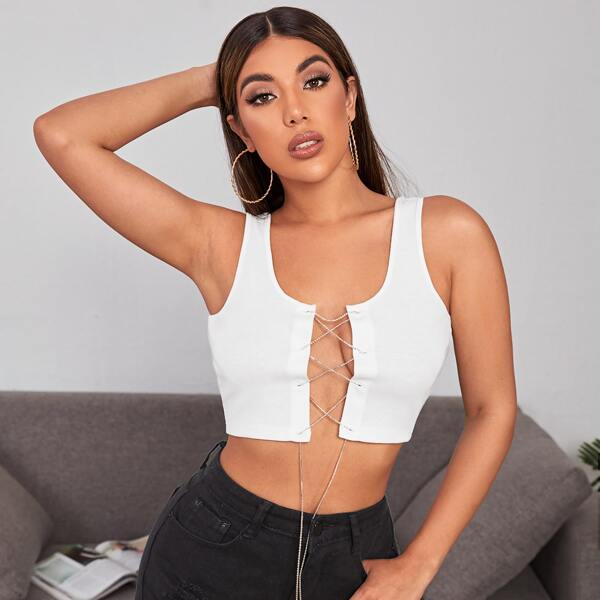 

Rhinestone Chain Lace-up Placket Rib-knit Tank Top, White