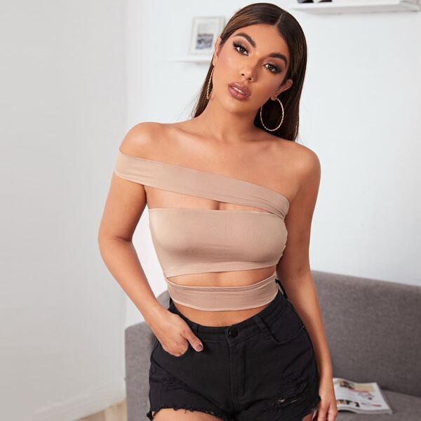 

One Shoulder Cutout Crop Top, Apricot