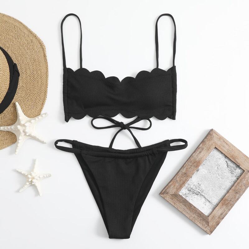 

Solid Scallop Trim Tanga Bikini Swimsuit, Black