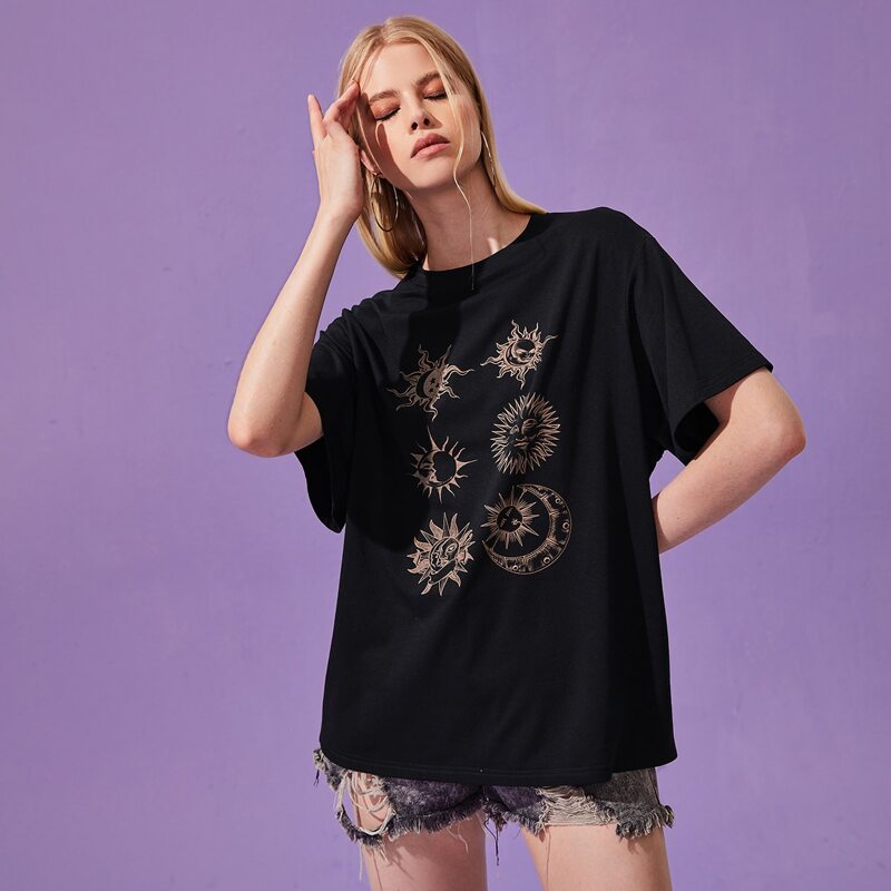 

Sun & Moon Graphic Oversized Tee, Black