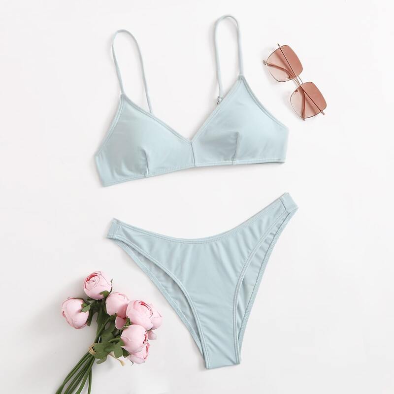 

Plain High Cut Bikini Swimsuit, Baby blue