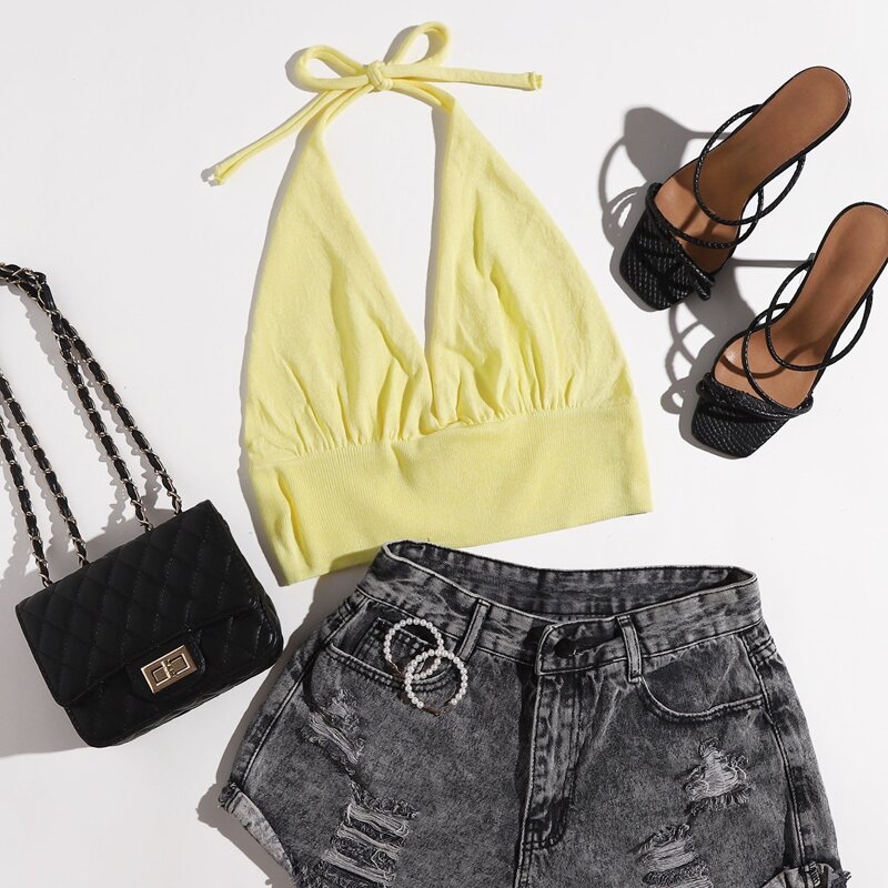 

Tie Back Solid Knit Halter Top, Yellow