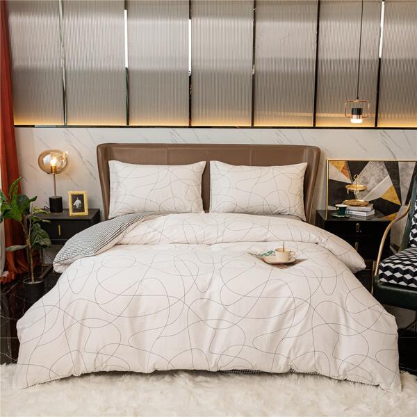 

Line Print Duvet Cover Set Without Filler, Beige