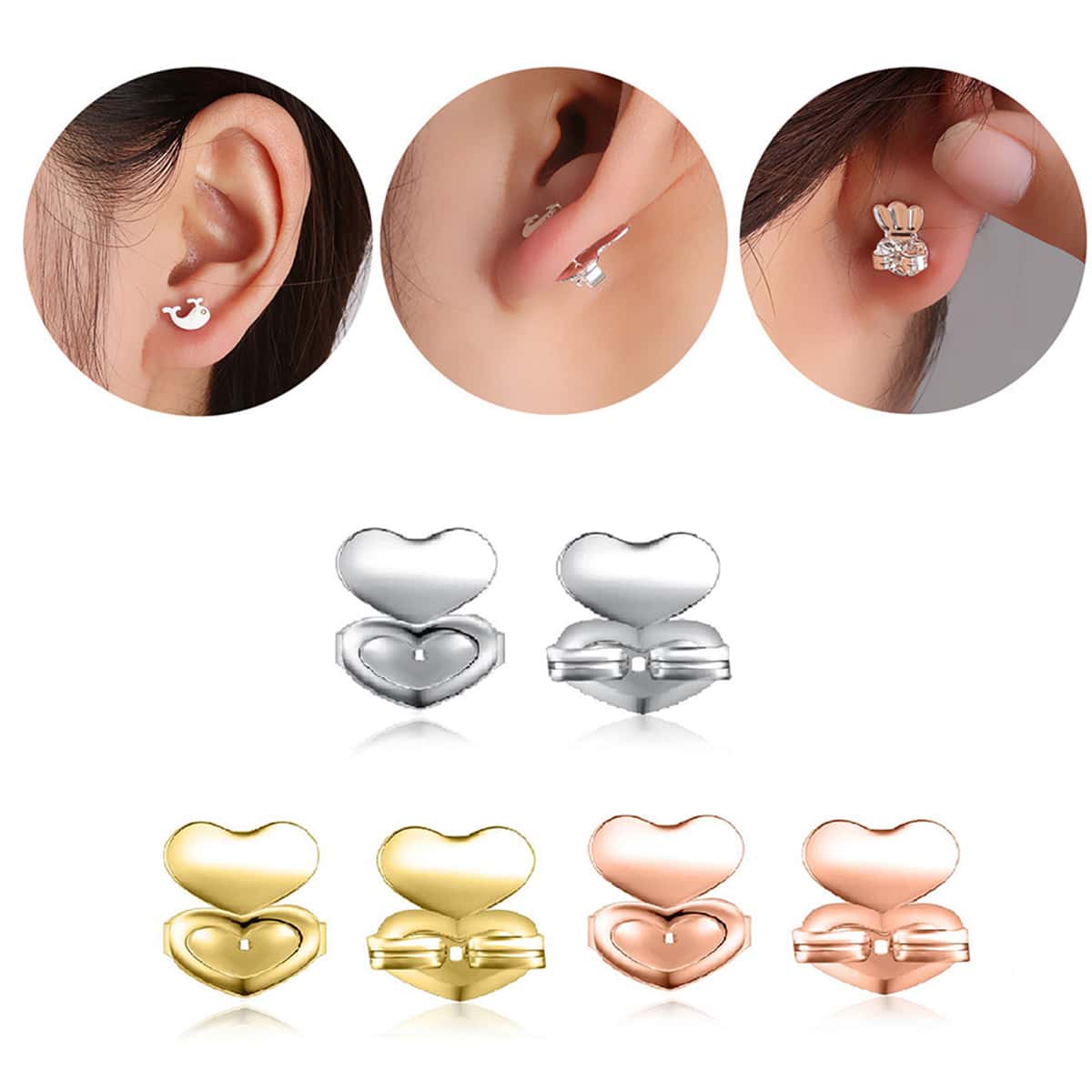 

3pairs Heart Stud Earrings, Gold