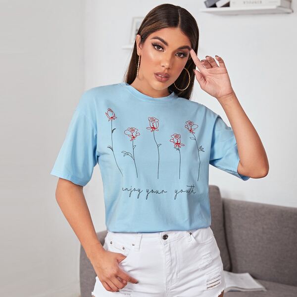 

Floral Print Round Neck Tee, Baby blue