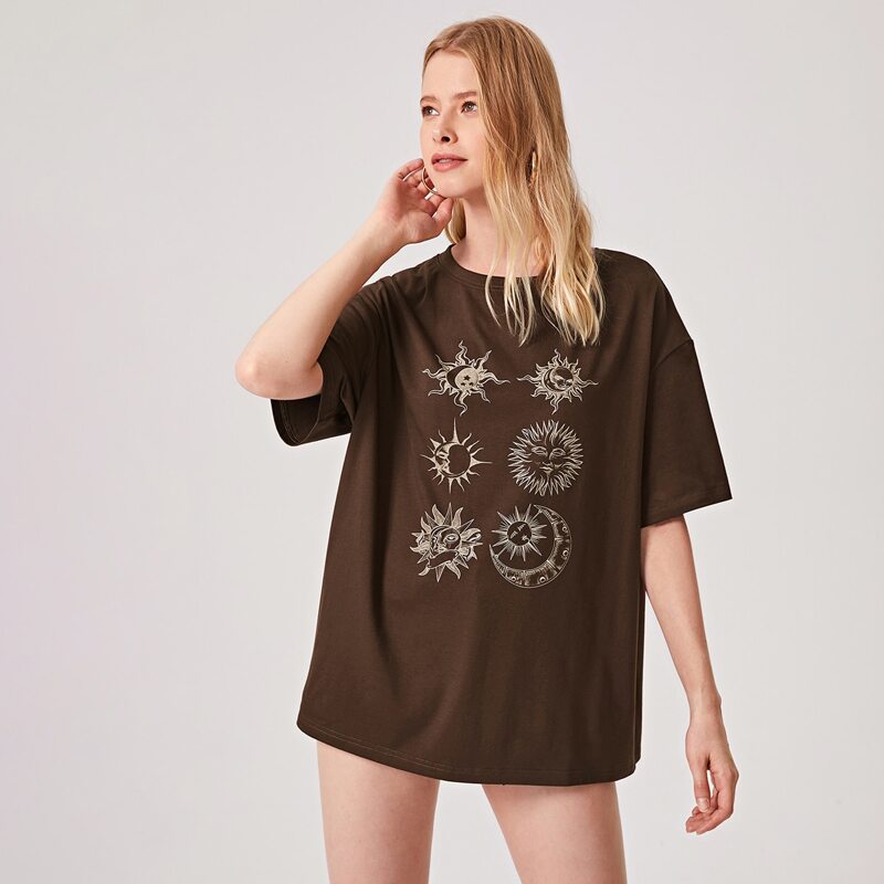 

Sun & Moon Graphic Oversized Tee, Chocolate brown