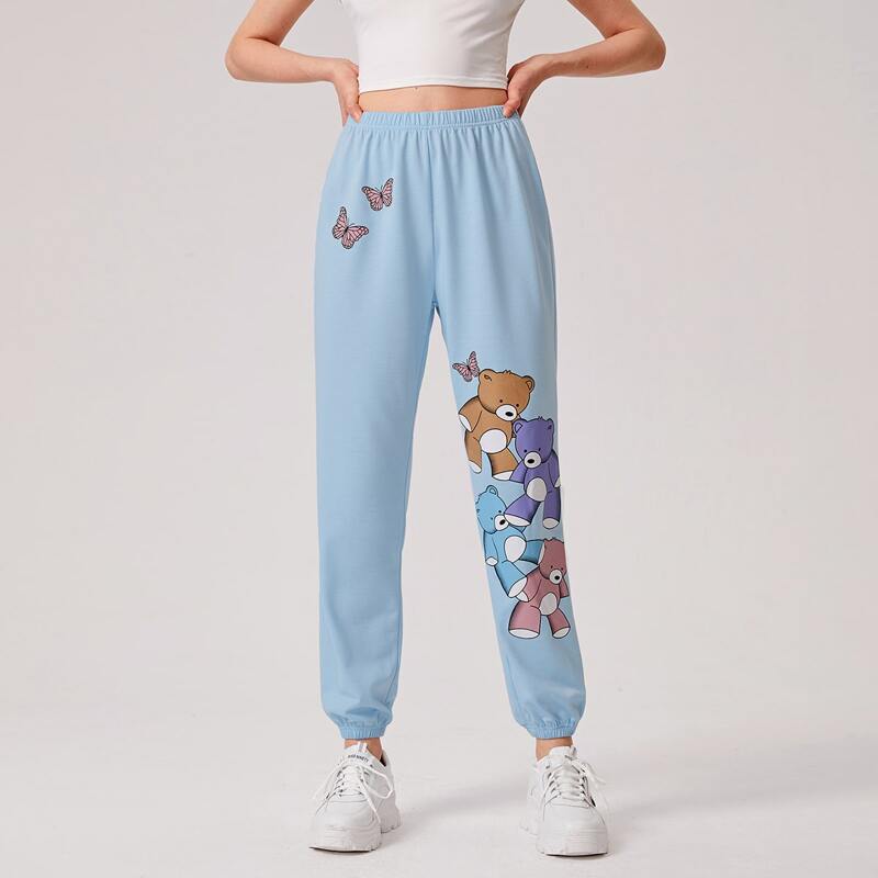 

Butterfly & Cartoon Bear Graphic Sweatpants, Baby blue