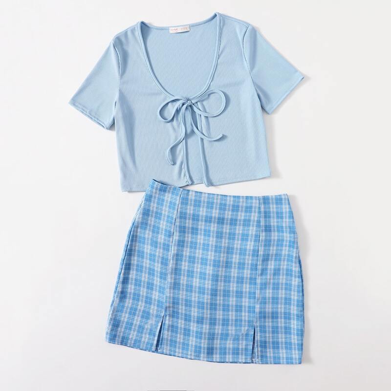 

Solid Tie Front Crop Top & Plaid Split Skirt, Blue