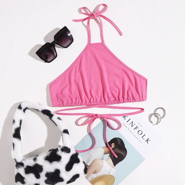 

Tie Back Solid Halter Top, Pink