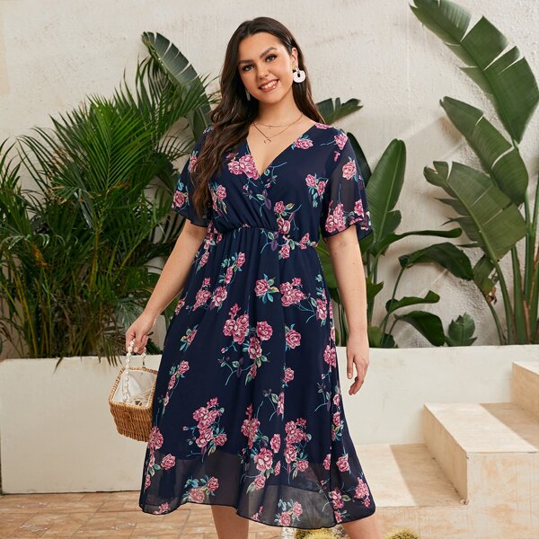

Plus Surplice Front Floral Print Overlay Dress, Navy blue
