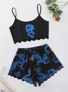 Miss Vinta Chinese Dragon Print Lettuce Trim Cami Pajama Set - Black - View 1