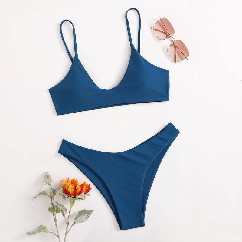 

Solid High Cut Bikini Swimsuit, Dusty blue