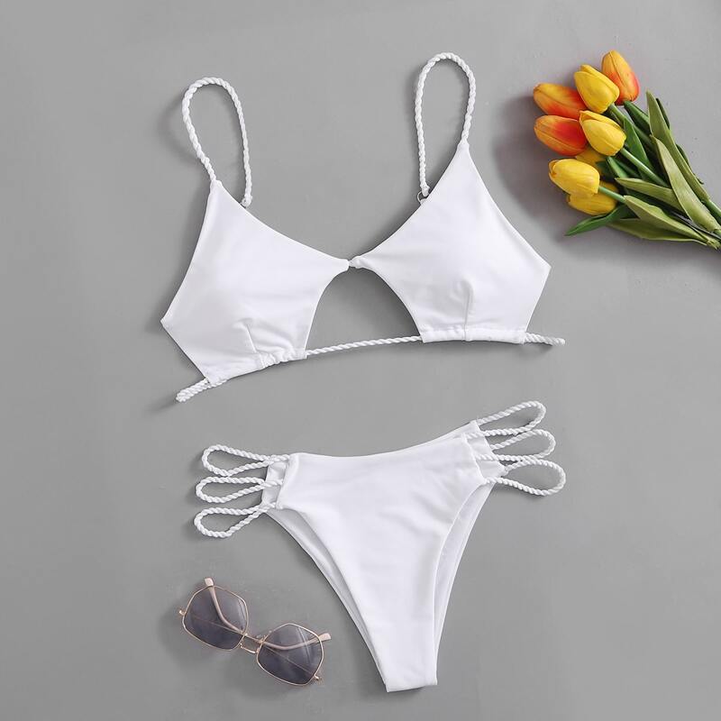 

Braided Strap Cut Out Bikini Swimsuit, White