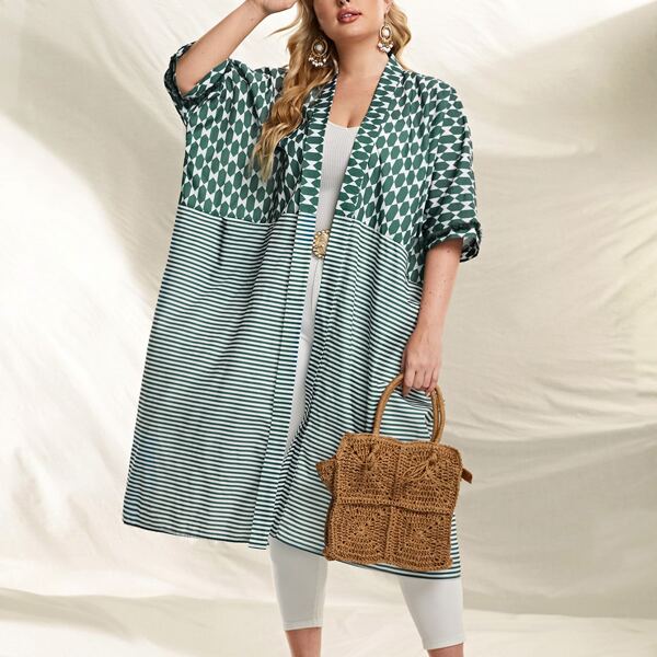 

Plus Geo And Striped Print Kimono, Multicolor