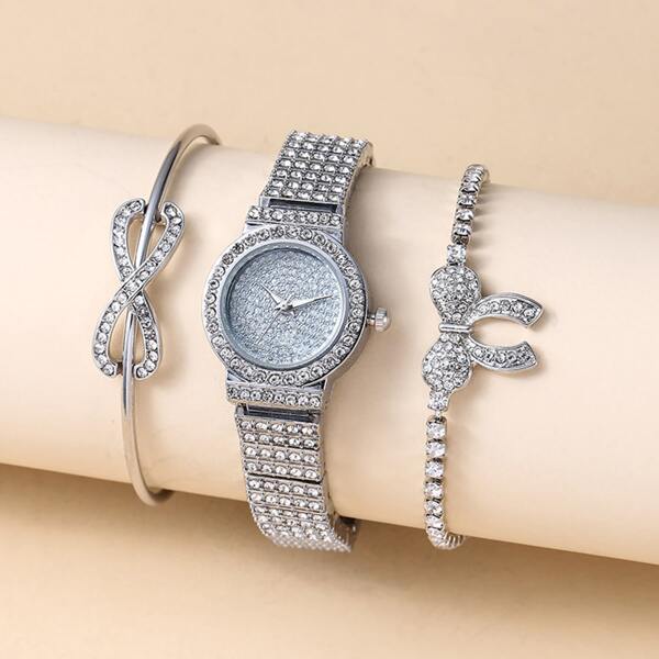 

1pc Rhinestone Decor Round Pointer Watch & 2pcs Bracelet