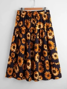 Falda amplia con estampado de girasol - Multicolor - Ver 1