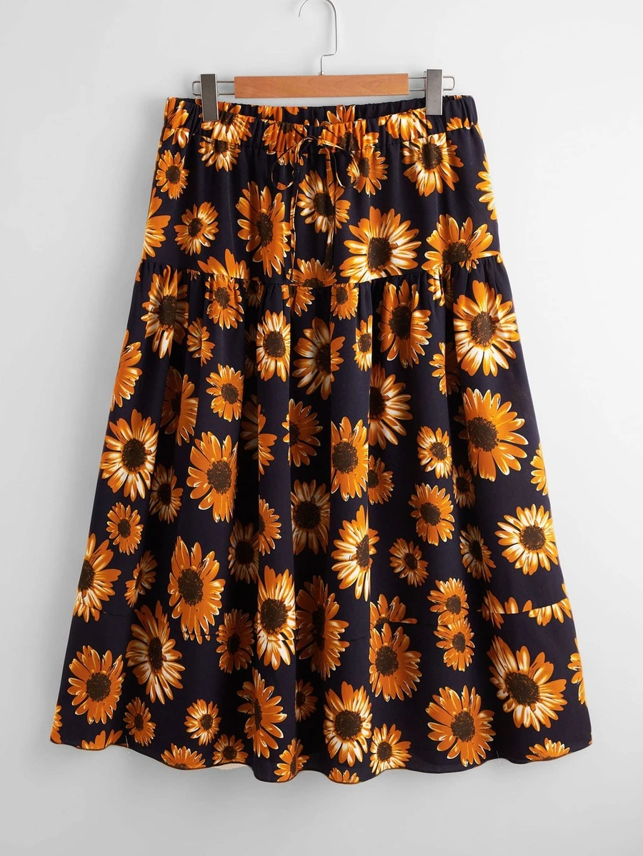 Falda amplia con estampado de girasol - Multicolor - Ver 1