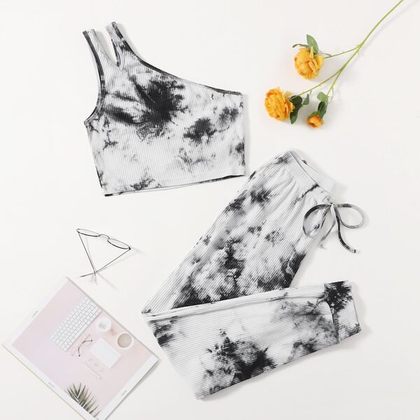 

Tie Dye Drawstring Lounge Set, Black and white