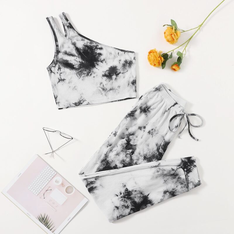 

Tie Dye Drawstring Lounge Set, Black and white