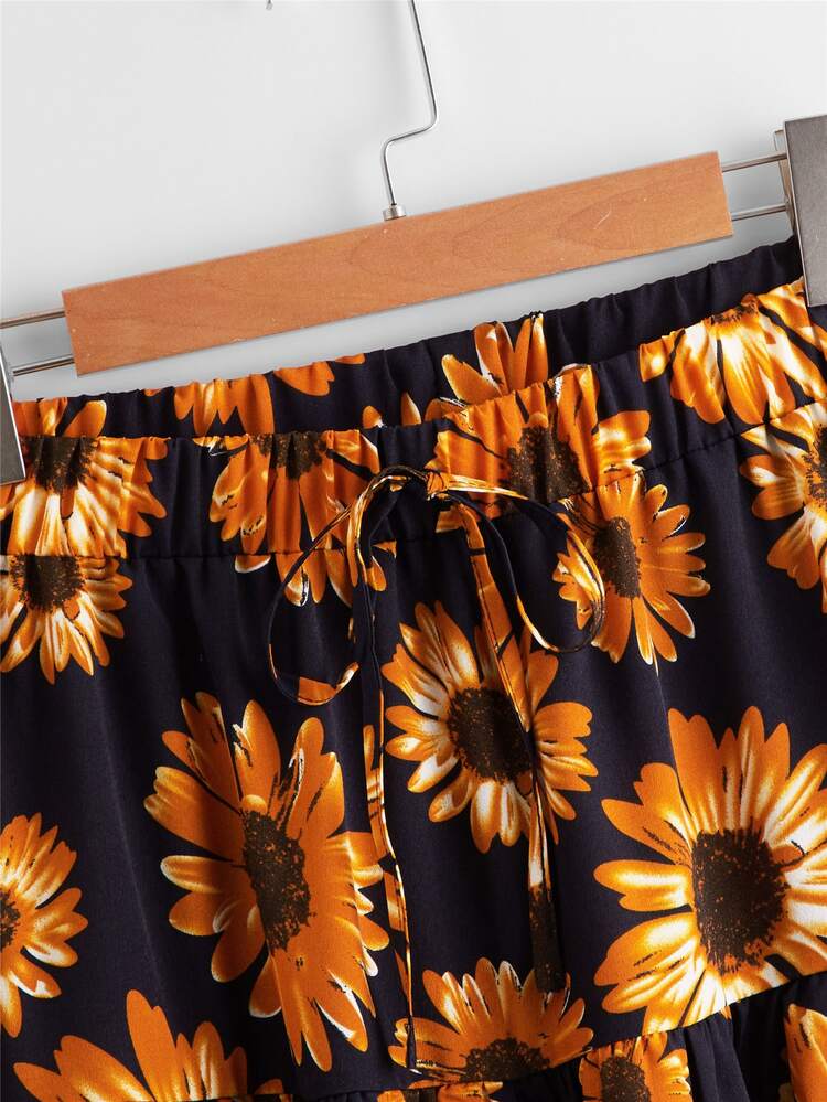 Plus Allover Sunflower Print Flared Skirt - Multicolor - View 4