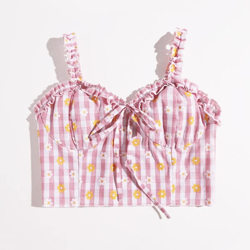 

Floral Plaid Frill Crop Top, Multicolor