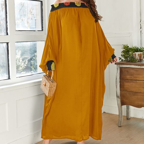 

Plus Floral Print Shirred Batwing Sleeve Bardot Dress, Mustard yellow