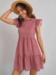 SHEIN VCAY Ruffle Trim Polka Dot Smock Dress - Dusty Pink - View 1