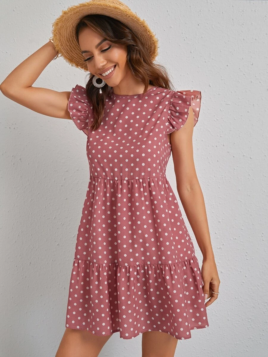 SHEIN VCAY Ruffle Trim Polka Dot Smock Dress - Dusty Pink - View 1