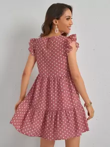 SHEIN VCAY Ruffle Trim Polka Dot Smock Dress - Dusty Pink - View 2