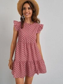 SHEIN VCAY Ruffle Trim Polka Dot Smock Dress - Dusty Pink - View 3