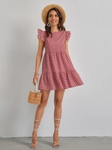 SHEIN VCAY Ruffle Trim Polka Dot Smock Dress - Dusty Pink - View 4
