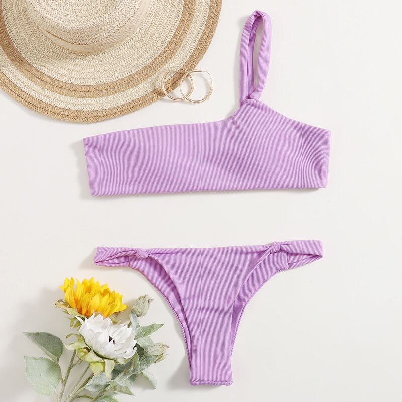 

Rib One Shoulder Knot Bikini Swimsuit, Purple
