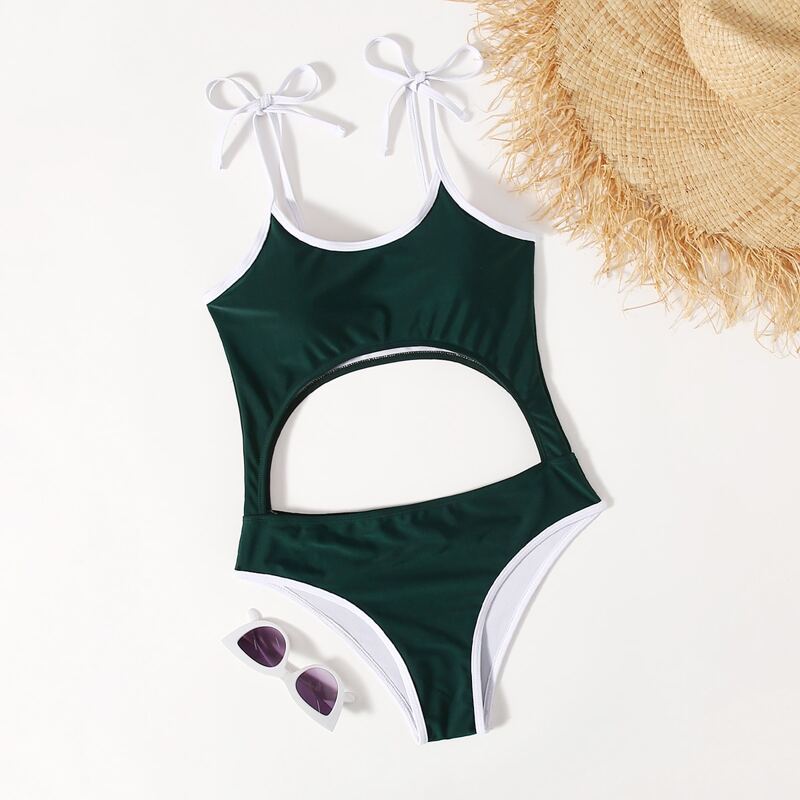 

Solid Cut Out One Piece Swimsuit, Army green