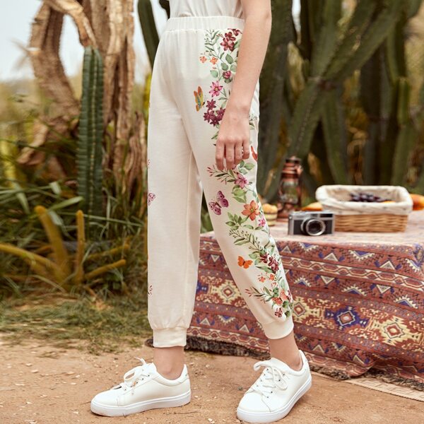 

Girls Floral and Butterfly Print Sweatpants, Beige