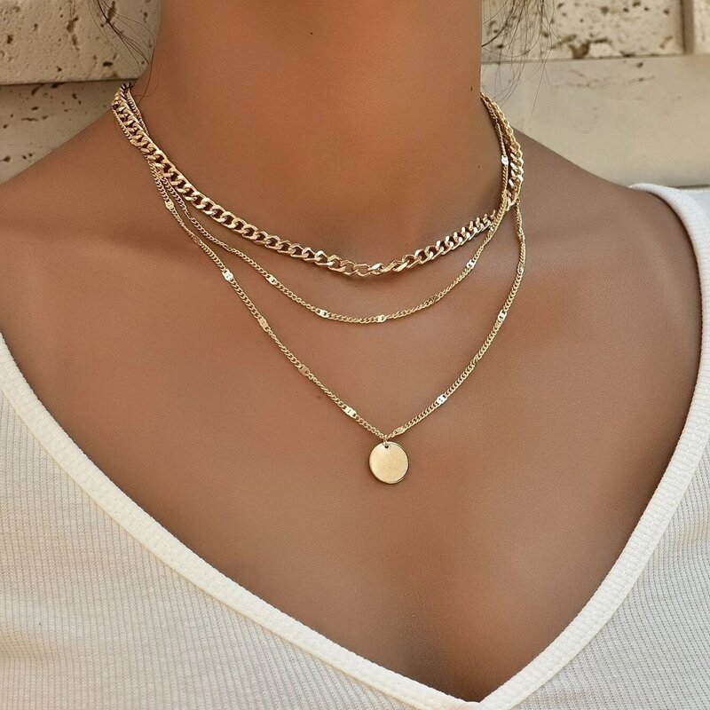 

1pc Round Disc Layered Chain Necklace, Gold