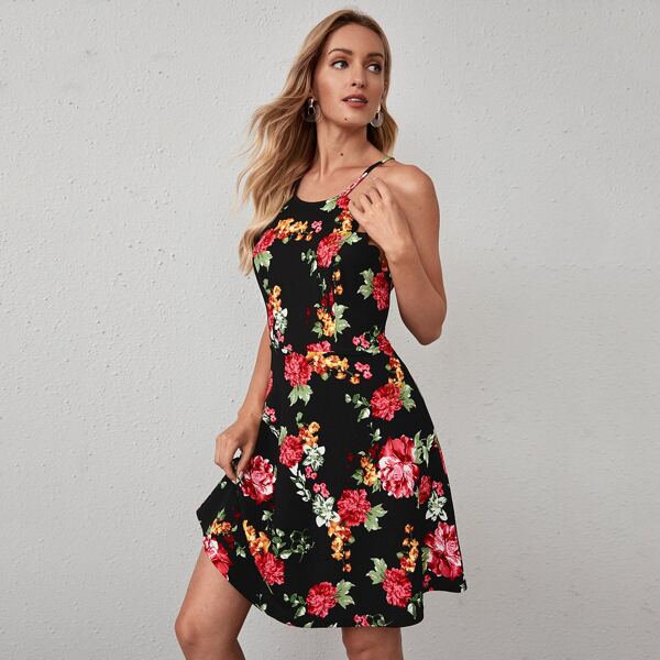 

Scallop Trim Floral Print Cami Dress, Multicolor