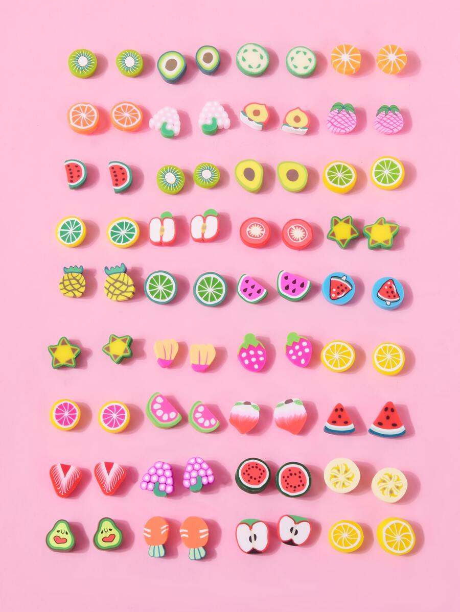 36pairs Girls Random Fruit Design Stud Earrings - Multicolor - View 1