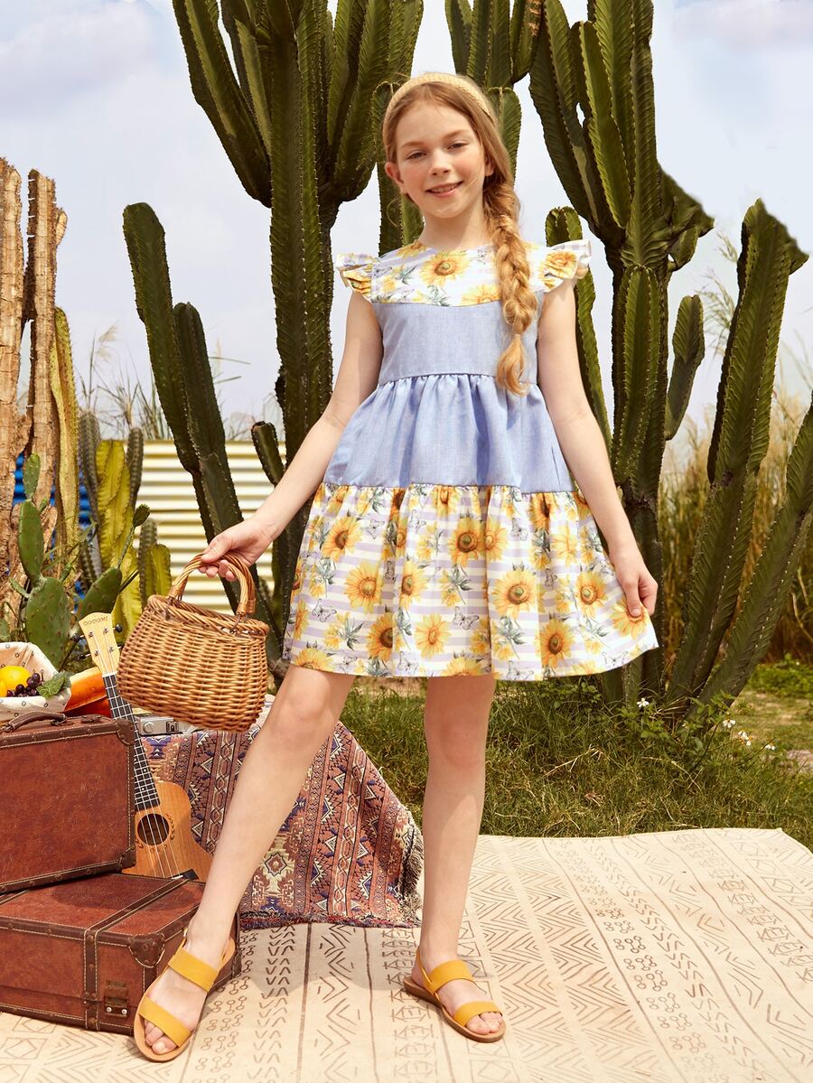 SHEIN Vestido De Niñas Con Estampado De Girasoles Y Sisas Con Volante
