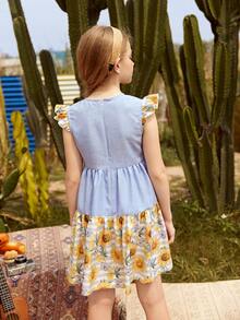 SHEIN Vestido De Niñas Con Estampado De Girasoles Y Sisas Con Volante