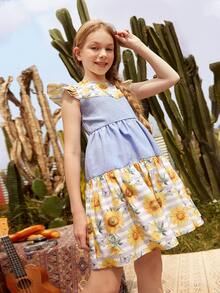 SHEIN Vestido De Niñas Con Estampado De Girasoles Y Sisas Con Volante