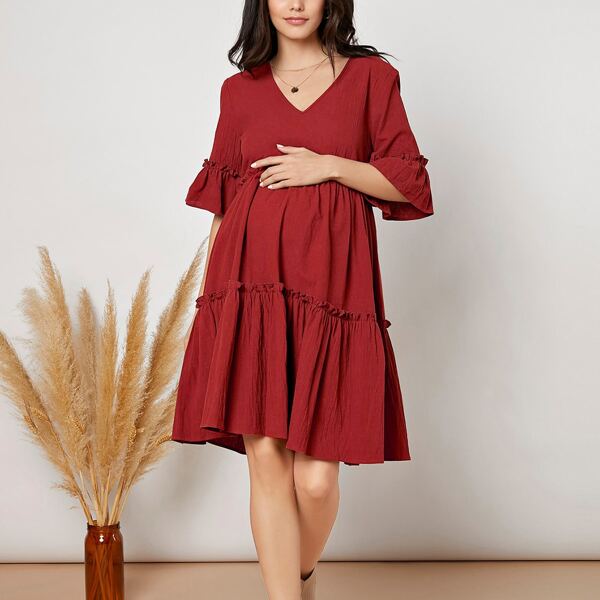 

Maternity Flounce Sleeve Frill Trim Dress, Burgundy
