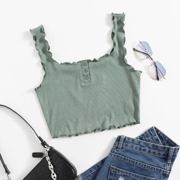 

Button Front Lettuce Edge Tank Top, Mint green