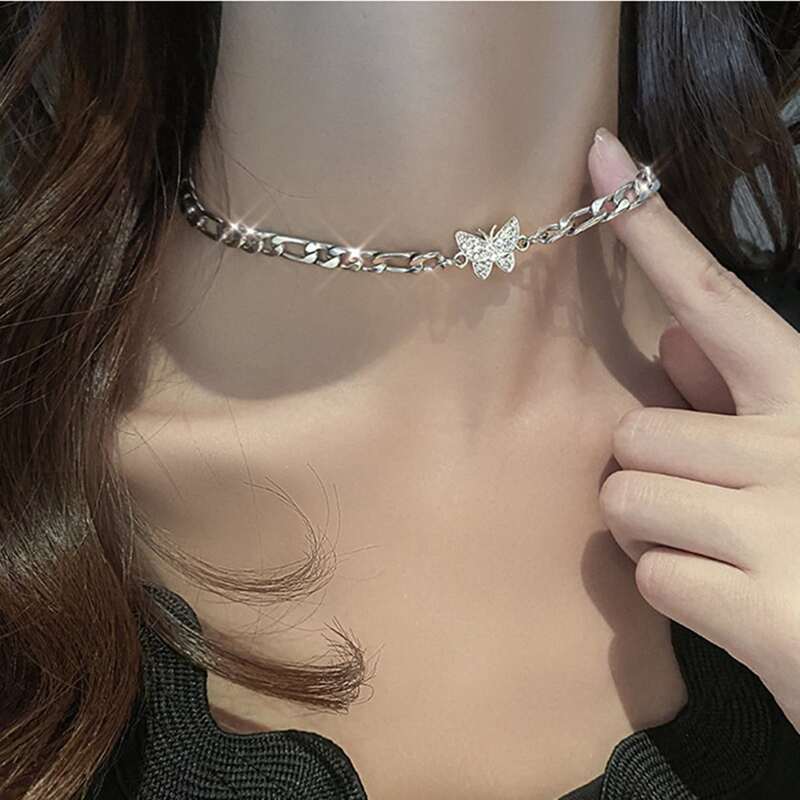 

1pc Rhinestone Butterfly Charm Chain Choker, Silver