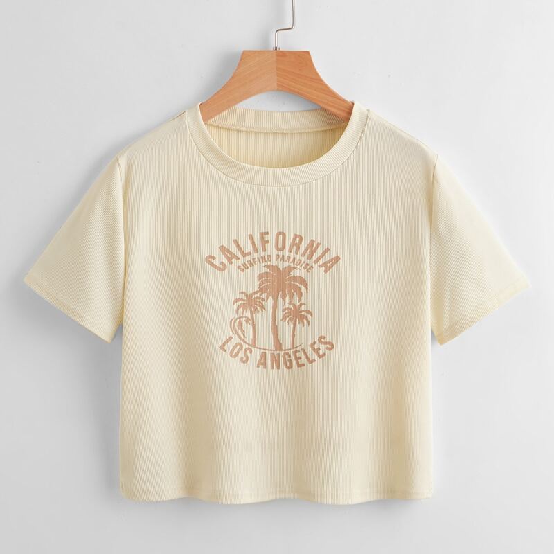 

Letter Tropical Graphic Ribbed Crop Tee, Beige