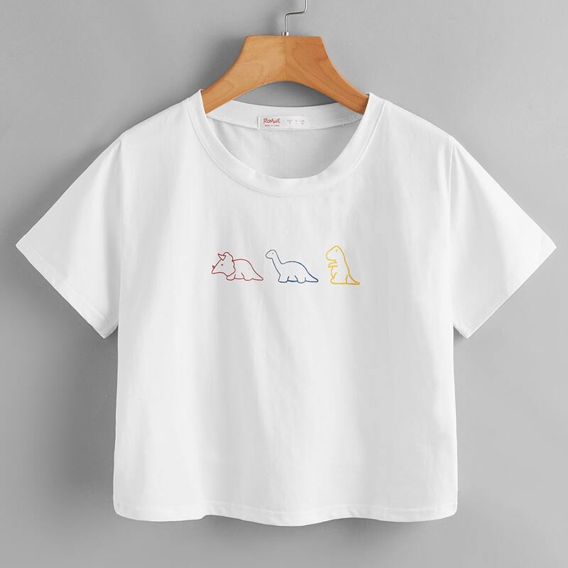 

Cartoon Dinosaur Graphic Crop Tee, White