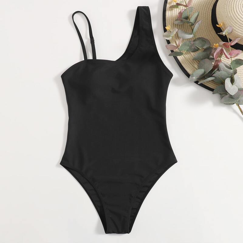 

Solid Asymmetrical Neck One Piece Swimsuit, Black
