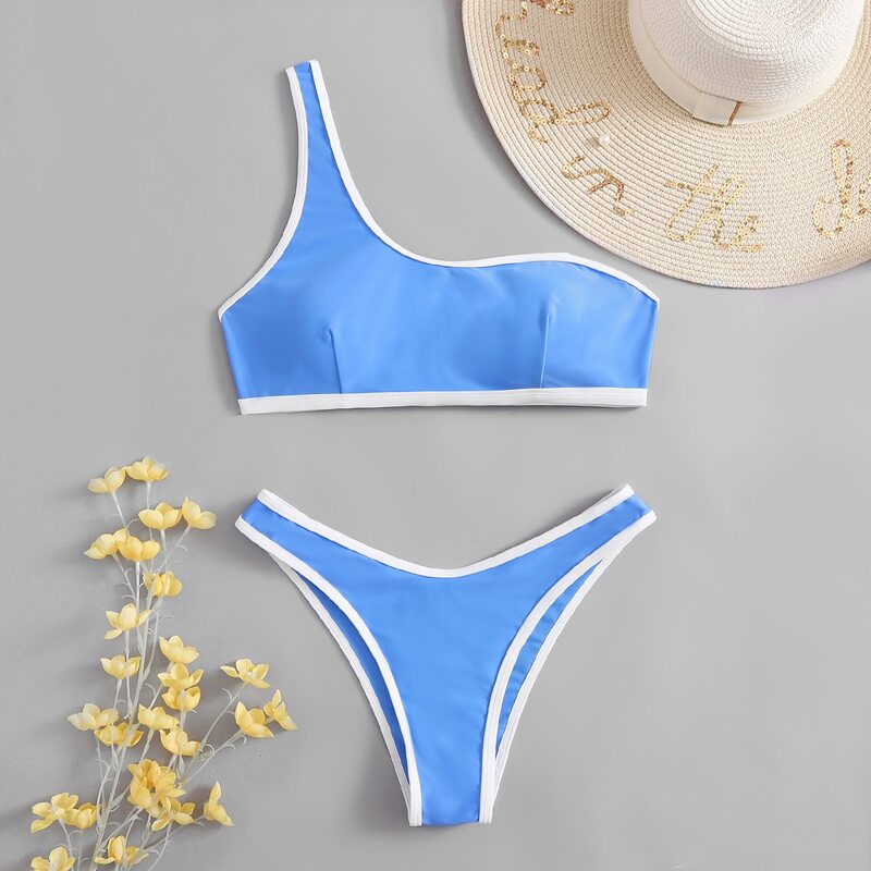 

Contrast Binding One Shoulder Bikini Swimsuit, Blue