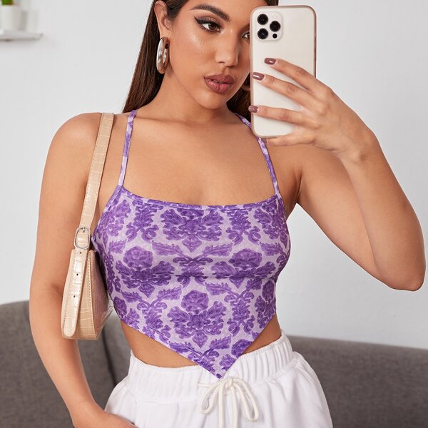 

Crisscross Tied Backless Floral Cami Bandana Top, Multicolor