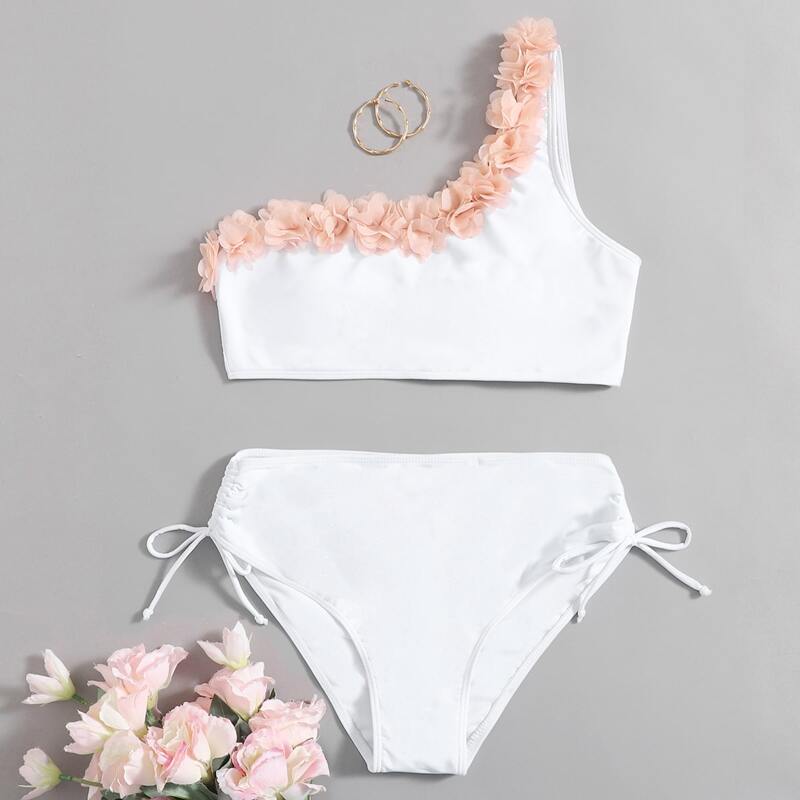 

Applique One Shoulder Tie Side Bikini Swimsuit, White