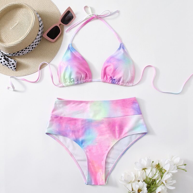 

Tie Dye Halter High Waist Bikini Swimsuit, Multicolor